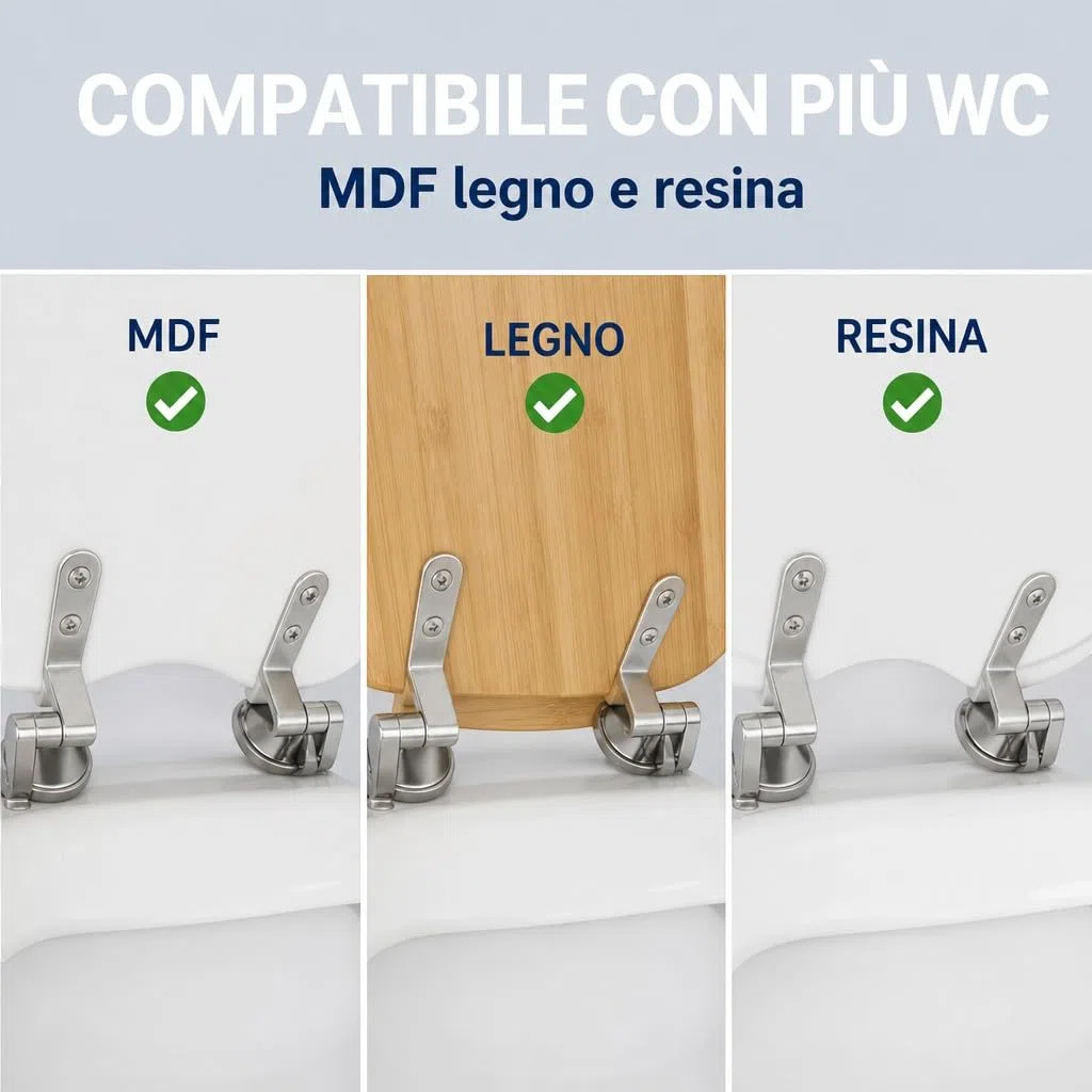 Cerniere Copriwater Universali Acciaio Inox HM con Viti e Guarnizioni, Kit Fissaggio Sedile WC Rotondo MDF Legno Resina, Ricambio Tavoletta WC