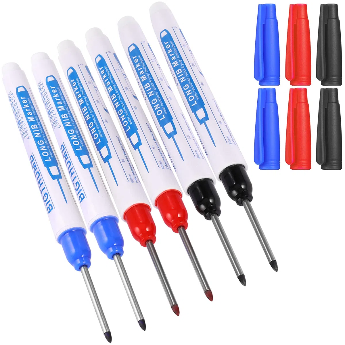Pennarello per Fori Profondi, Pennarello Segna Fori, Pennarelli da Falegname, 6pcs Penna per Marcatura Punta Lunga da 30mm, Segna Foro per Trapano (Blu Nero Rosso 2023)