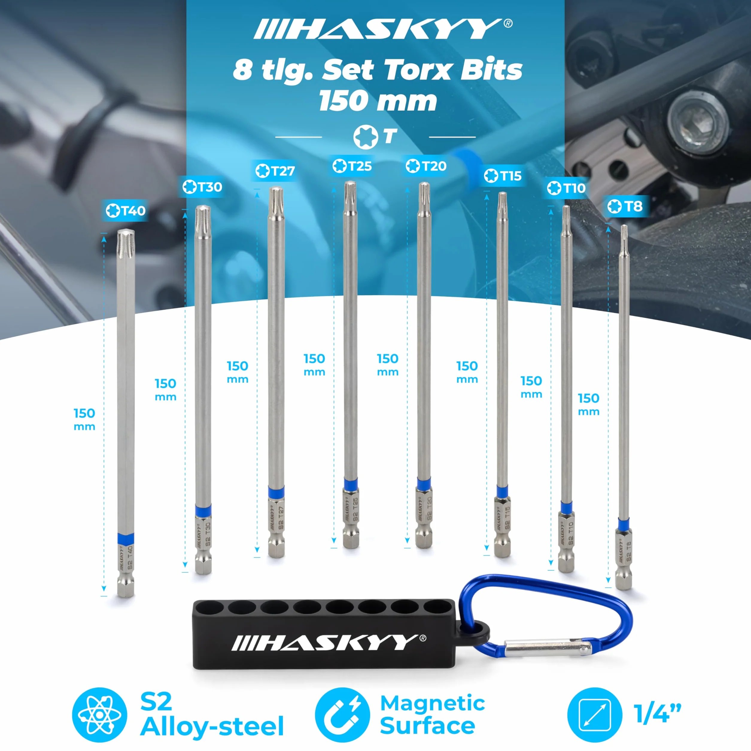 HASKYY Set Inserti Torx 150 mm 8 Inserti Torx Lunghi Magnetici in Acciaio S2, T8-T40, Attacco Esagonale 1/4", per Avvitatore, Trapano, Auto, Moto e Bicicletta