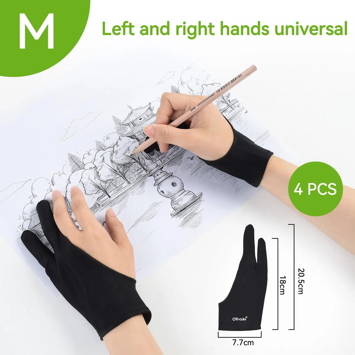 OTraki 4 PCS Guanto Tavoletta Grafica Nero 7.7X20.5cm Guanto per Disegnare Antivegetativa,Guanti Artista Due Dita Mano Destra e Mano Sinistra Accessori per Disegno Digitale Tablet da Disegno Grafico