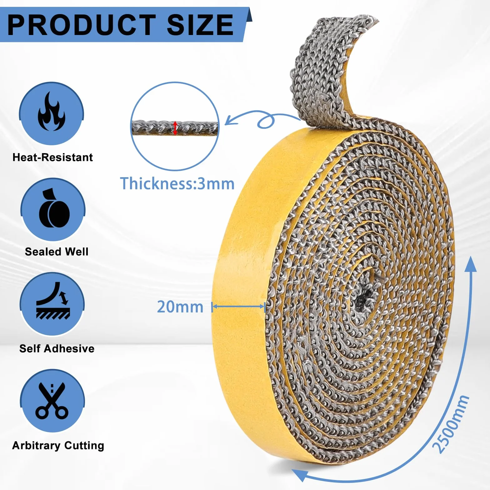 1 Pezzo Guarnizione Stufa a Legna 3 mm x 20 mm x 2.5 m, Alta Temperatura, Camino Guarnizione Fibra, Forno per Stufa, Caminetti, Porta del Forno