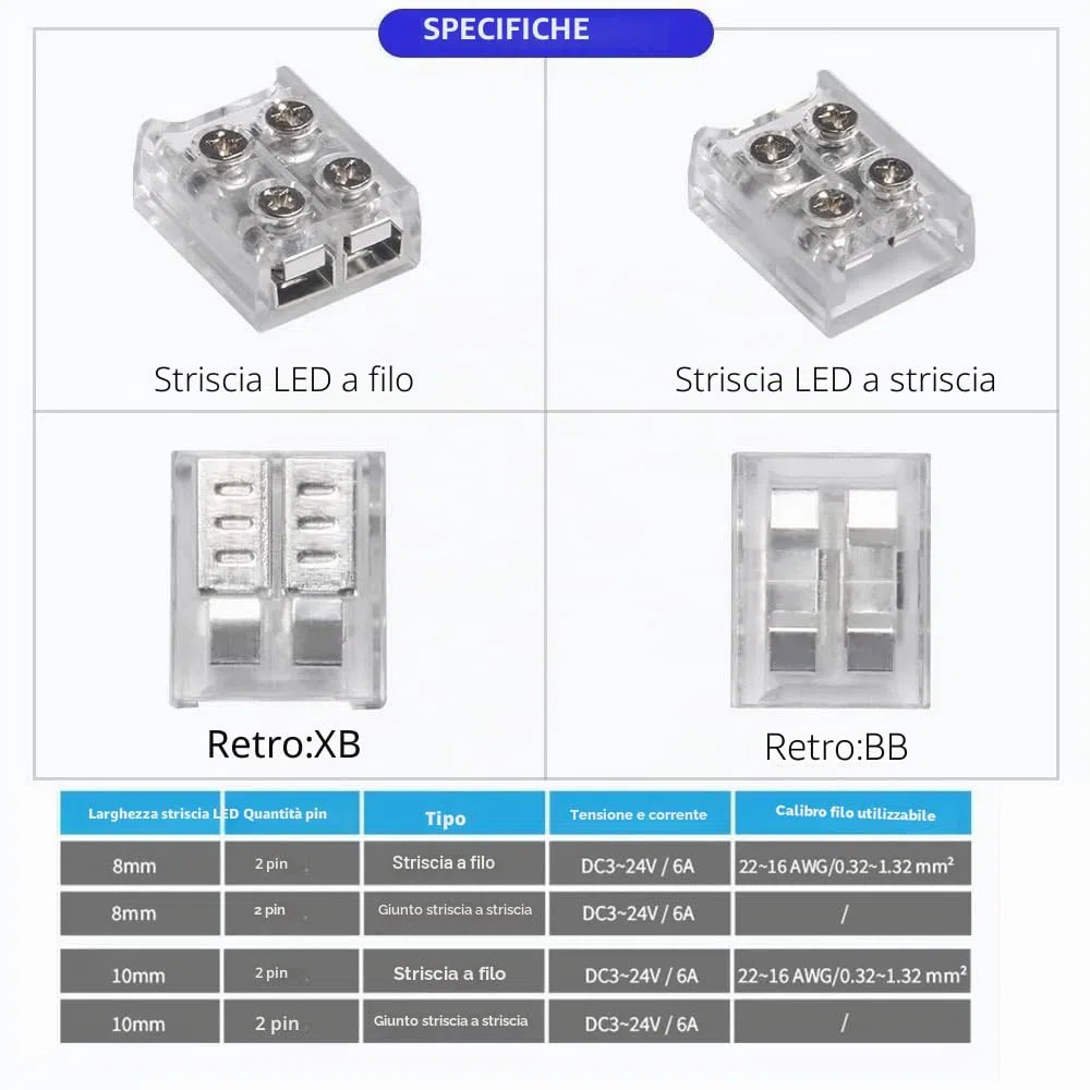 Connettori per Strisce LED 8mm a 2 Poli, Senza Saldatura per LED 5050 3528 Monocolore, Collegamento Rapido a Filo Con Cacciavite