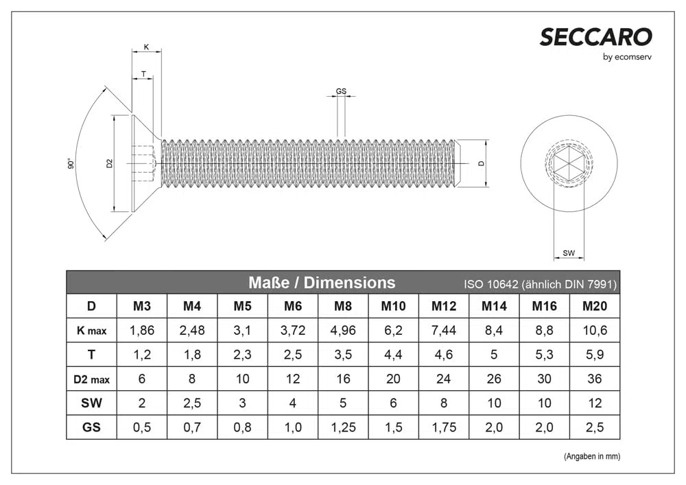 Vite a testa svasata SECCARO M4 x 45 mm, acciaio inox V2A VA A2, DIN 7991 / ISO 10642, esagono incassato, 20 pezzi