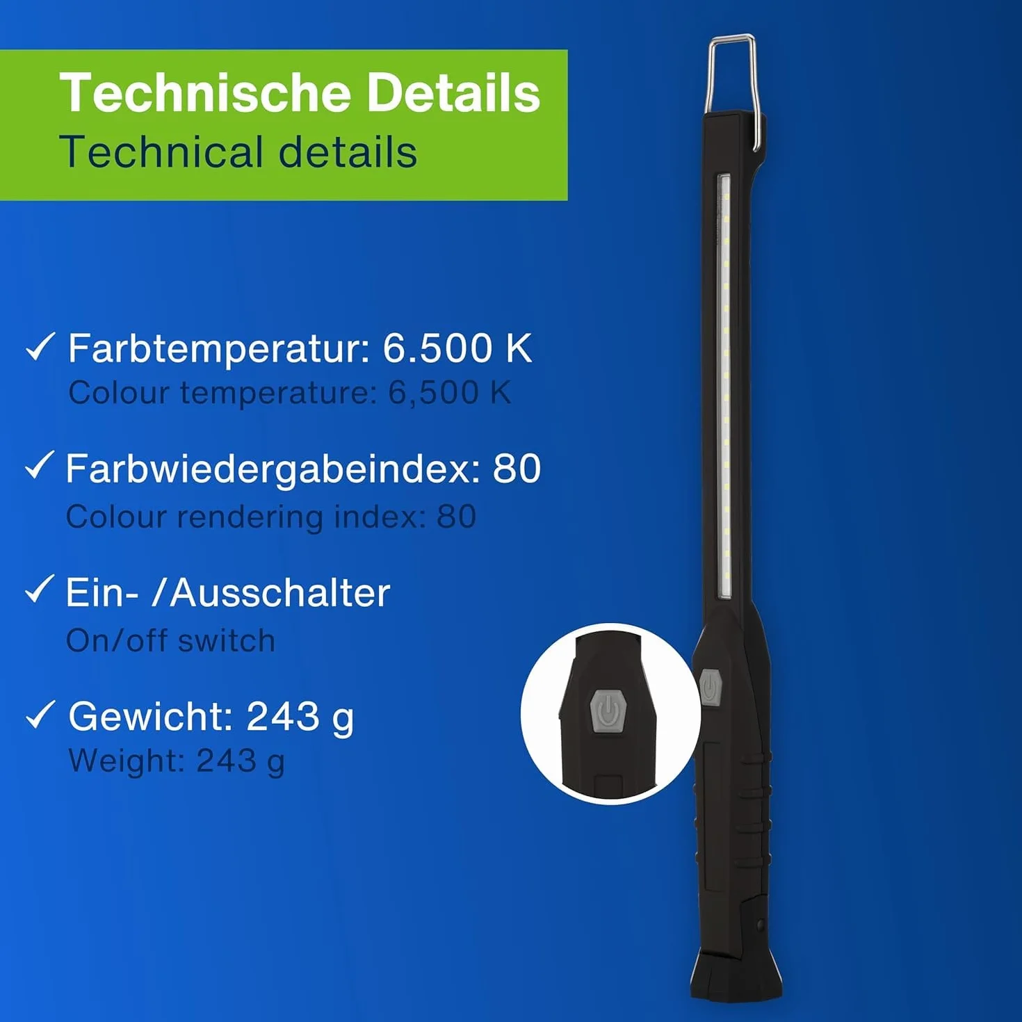 SQUADO Torcia LED Portatile Ricaricabile, Magnete, Gancio, Emergenza