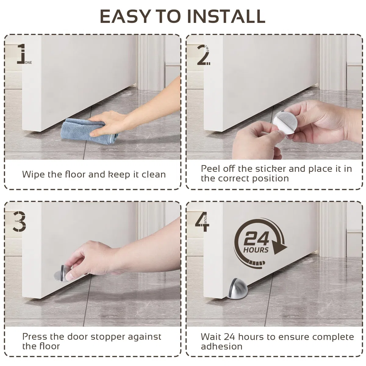 ECOSEAO 1 pezzi Fermaporta da Pavimento Adesivo, Fermaporta da Pavimento in Acciaio Inox, Ferma Porta da Pavimento con Paraurti in Gomma, Fermaporte per Tutti i Pavimenti Duri(Argento)