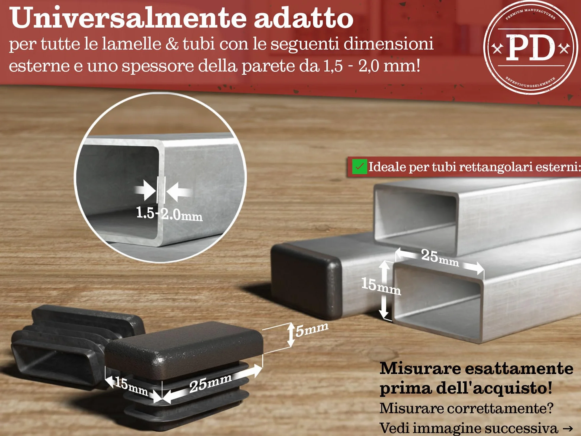 Tappi terminali rettangolari in plastica PE 25 x 15 mm per tubi quadrati, 10 sztuk