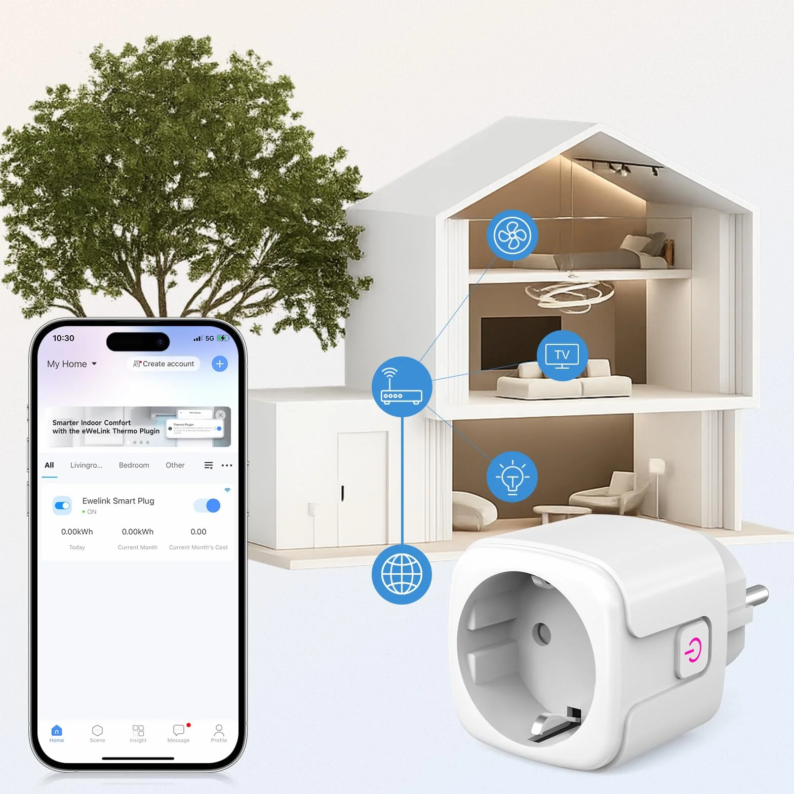 SURFOU Presa Smart, 16A Intelligente Plug Compatibile con Alexa e Google Home, Controllo Vocale, 2.4GHz WiFi Accesso Remoto, Nessun Hub Necessario, Monitoraggio del Consumo Energetico