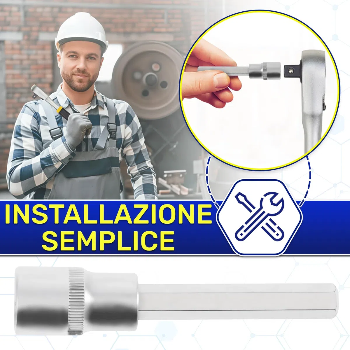 Chiave a Bussola con Inserto Esagonale 7 mm x 100 mm per Aree Difficilida - Chiavi Bussola 1/2" - Realizzata in Acciaio Cromo Vanadio - MONTERAL