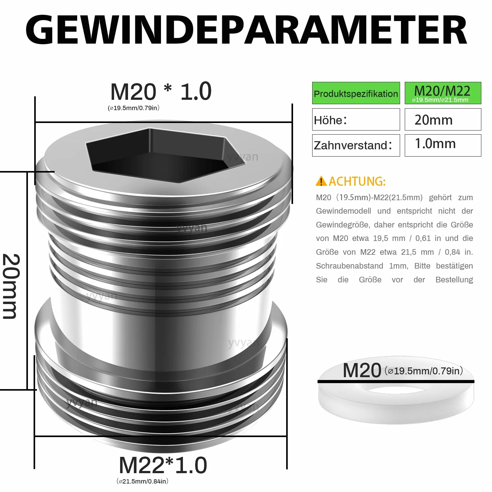 Adattatore per rubinetto M20 su M22 - 2 pezzi, adattatore a doppio filetto per filettatura esterna M20 e M22 per filtro dell'acqua con aeratore da cucina