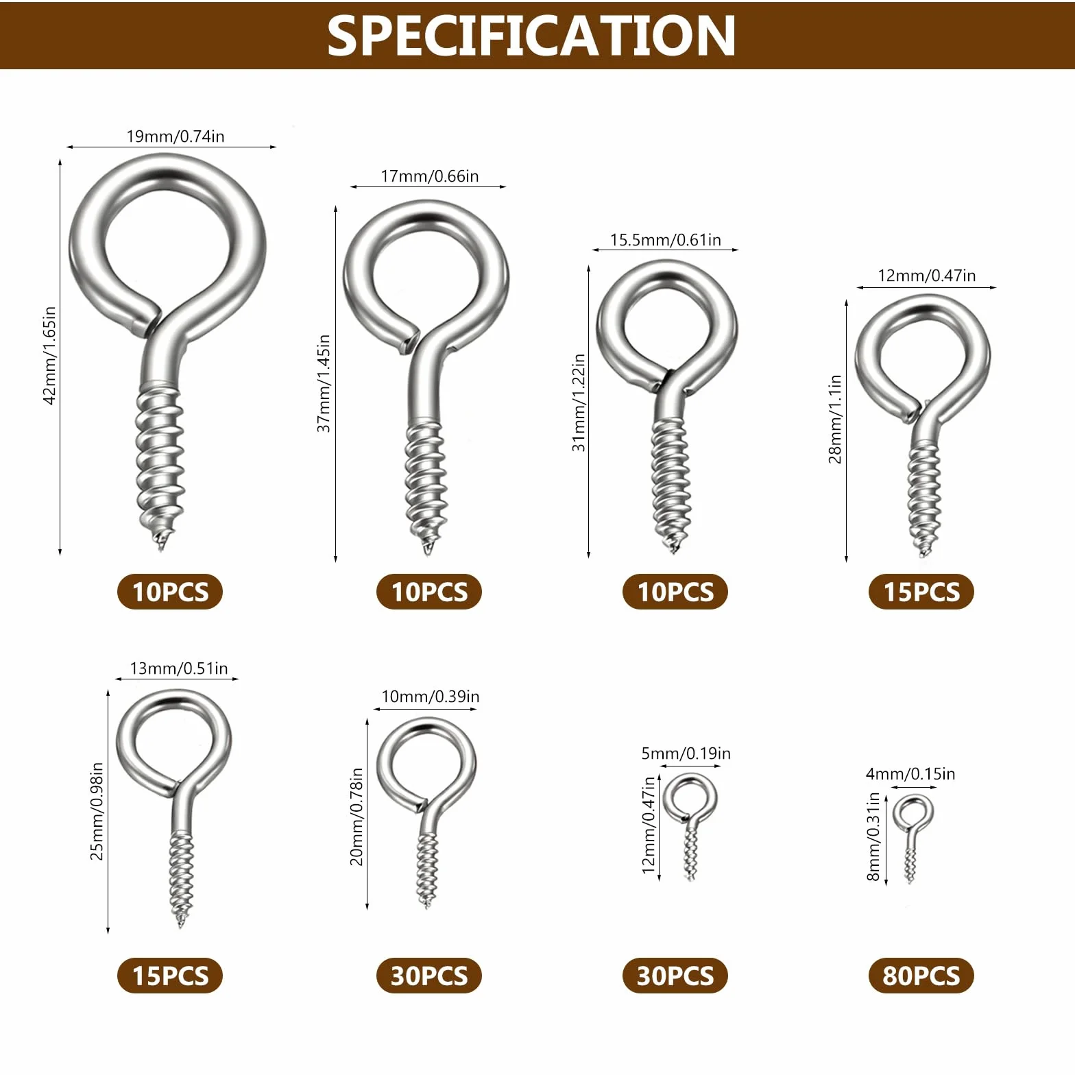 200 PzViti ad Occhiello Resistenti, Viti ad Occhiello Autofilettanti, Viti ad Anello con filettatura per legno, piante rampicanti da giardino e da casa (8 misure)